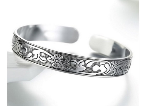 Brazalete Grabado Flor De Vid Ciruelo Cromada Plata 925