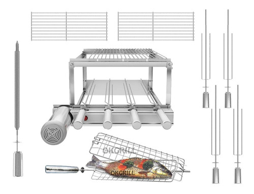 Gira Grill Churrasqueira Inox 4 Espetos + 3 Grelhas + Brinde