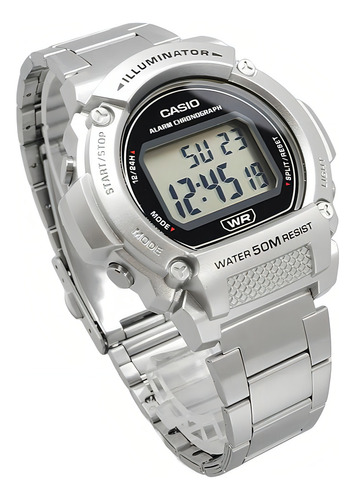 Relógio digital Casio original W-219HD-1AV, cor da pulseira: prata, moldura, cor prata