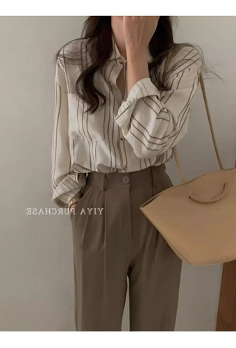 Camisa De Manga Larga Con Botones A Rayas - Top De Primavera