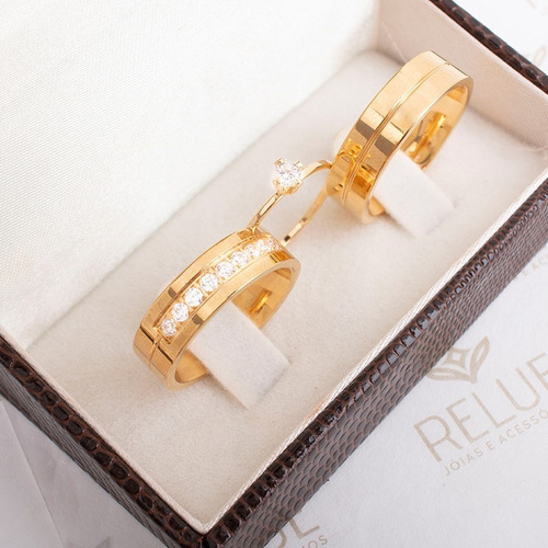 Imagem 5 de 9 de Par De Alianças Banhada A Ouro 18k 6mm Com Solitário
