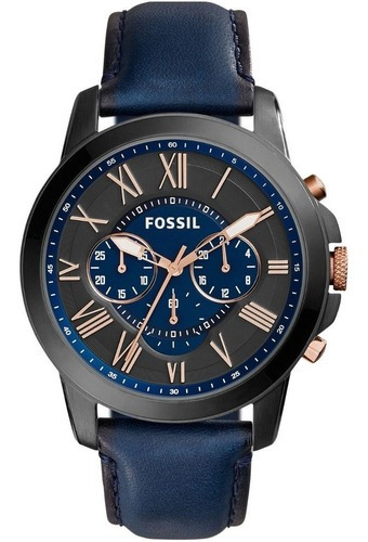Reloj Fossil Grant Blue Fs5061ie Correa Cuero Azul Formal Color del bisel Negro