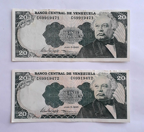 Billetes De 20 Bs. 5/6/95 - Serial C8 - 471 Y 472 