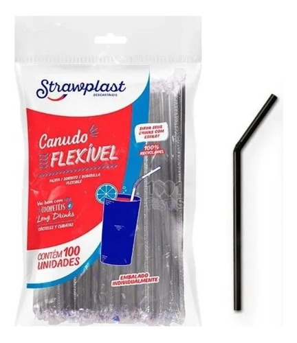1000 Canudo Preto Strawplast Flexível Drinks Cs 313