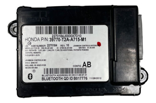  2014 Honda Accord Sedan Radio Bluetooth Module 39770-t2 Ggs