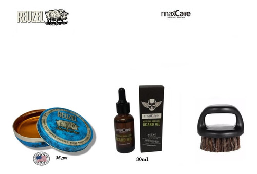 Kit Aceite Barba, Cera Reuzel Blue Strong, Cepillo Barberia