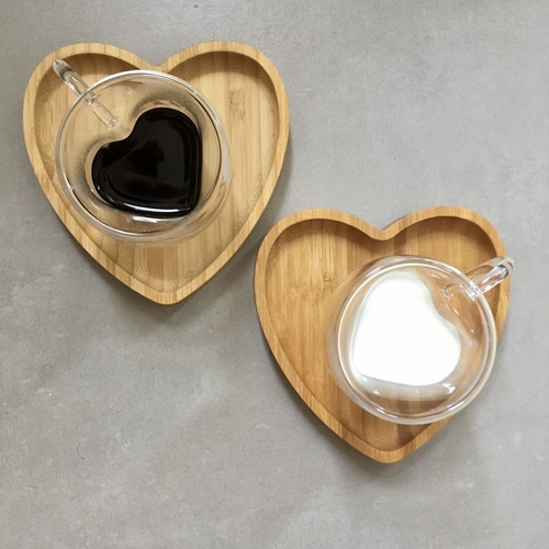 Imagem 4 de 10 de Jogo De Xícara Café Dupla Parede Com Pires De Bambu Coração