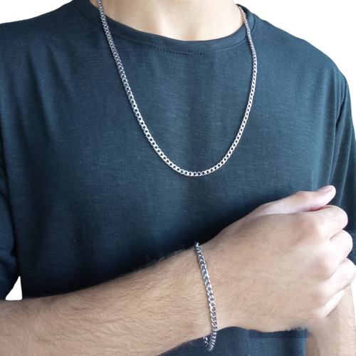 Corrente Masculina Grumet + Pulseira Conjunto Inox 70cm Cor Prateado