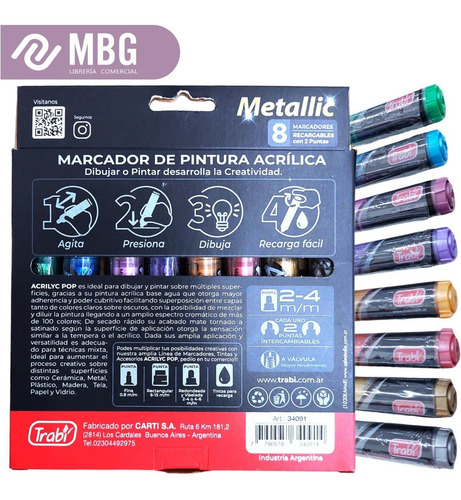 Imagen 3 de 7 de Marcadores Trabi Acrylic Pop 2-4mm Metallic X 8 Unidades