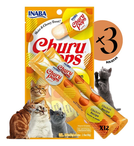 Snack Premio Gato Inaba Churu Pops Pollo 4 Tubo -  Pack X3