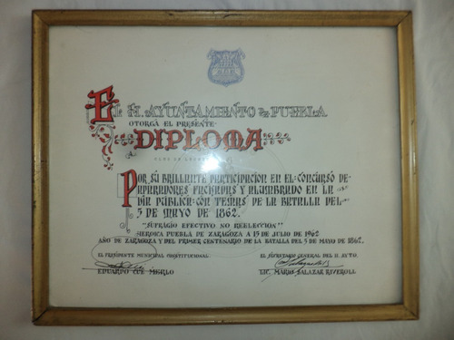 Vintage (1962) Diploma Batalla Del Cinco De Mayo. Leones