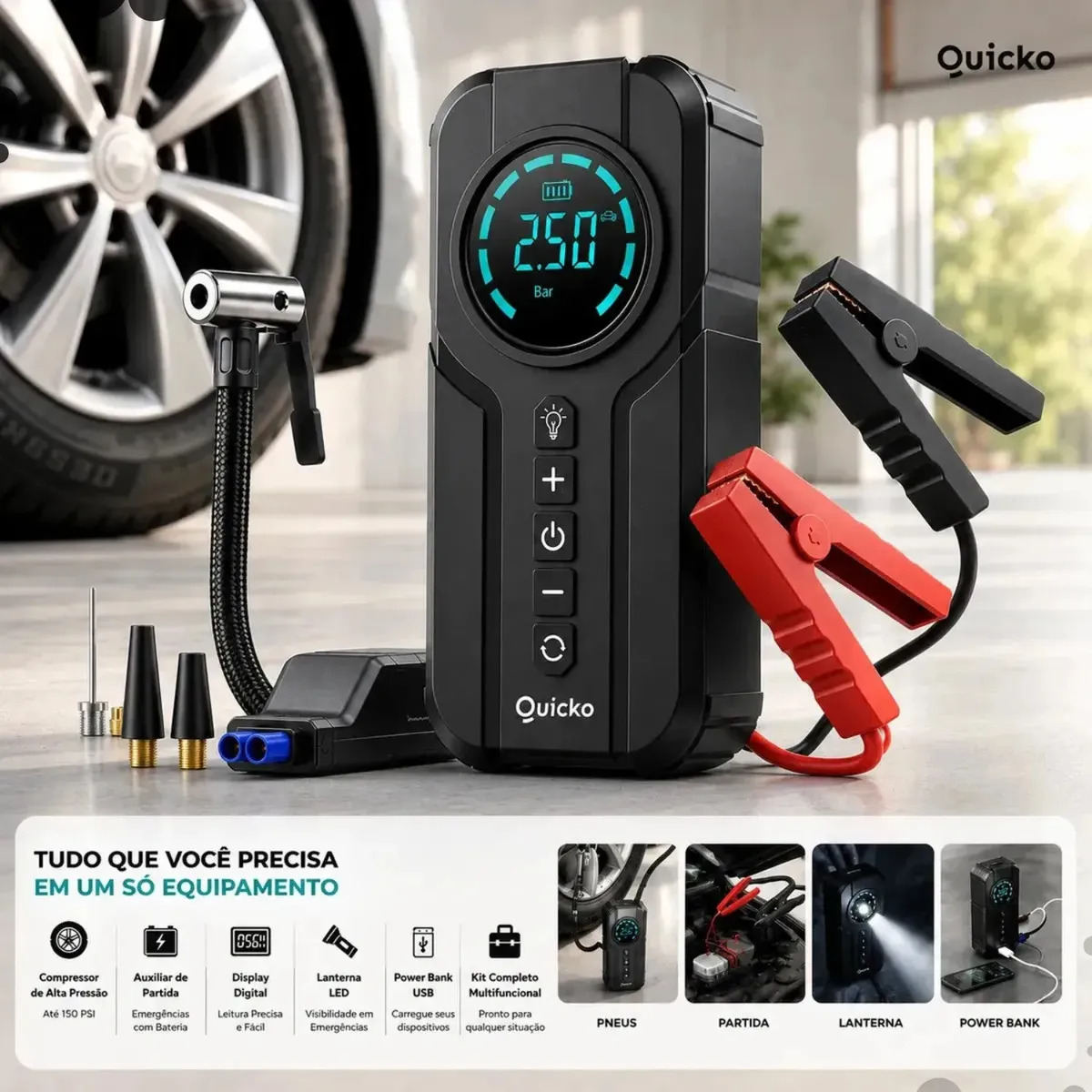 Bomba de Ar Elétrica Portátil Compressor Calibrador de Pneus Digital para Carro Moto Bicicleta Inflador Recarregável Auxiliar de Partida Bateria Power Bank Celular Emergência Automotiva Quicko