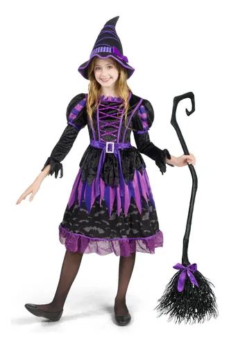 Disfraz De Bruja Púrpura Para Niña De Halloween Con Murciéla