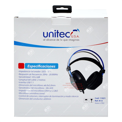 Diadema Gamer Unitec K13, Usb 7.1 Virtual Ps3/ps4/pc Luz Led