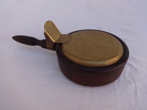 Antigua Cazuela Madera Con Manija Tapa Bronce Sarten Cocina