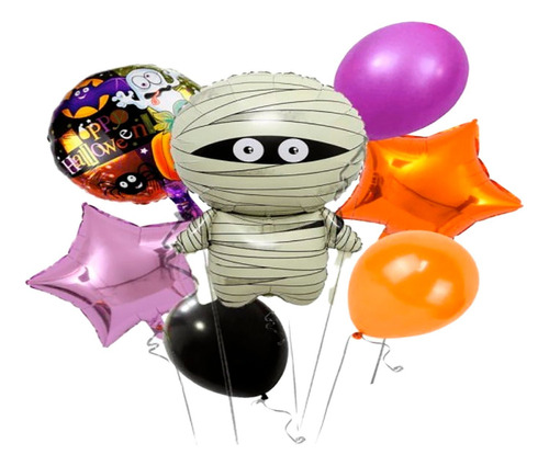 Kit Globos Bouquet Momia Halloween Naranja Morado