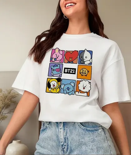 Camiseta Algodao Bts Bt21 Integrantes Cartoon Quadrinho Kpop