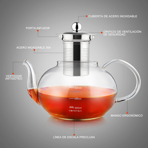 Juego Vidrio Tetera De Té O Café Con 4 Tazas Y Filtro 1200ml