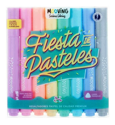 Resaltador Pastel Mooving Coloring X8 Punta Biselada Fiesta