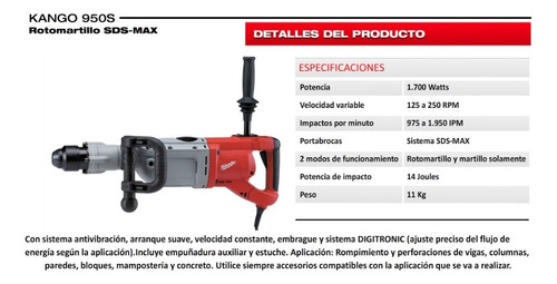 Imagen 3 de 5 de Rotomartillo Sds Max 1700w Milwaukee Kango 950 S