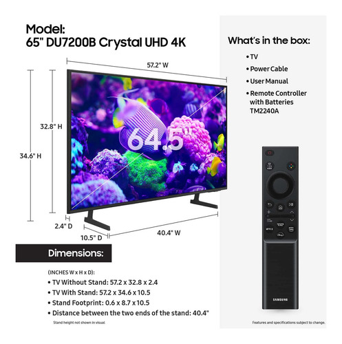 Pantalla Samsun 65 Pulgadas Crystal Smart Tizen Tv 4k 2024