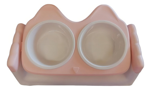 Plato Doble Gato Para Alimento O Agua Con Dos Posiciones Color Rosa Claro