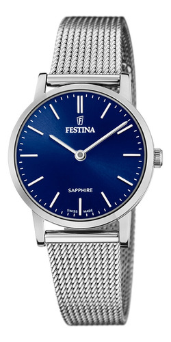 Festina Reloj Pulsera Acero Mujer Swiss Made Analogico Correa Plateado Bisel Plateado Fondo Azul