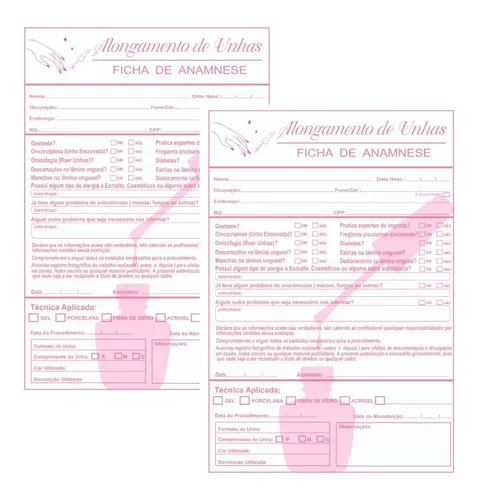 Ficha Anamnese Alongamento Unhas - Nail Desinger 100Folhas