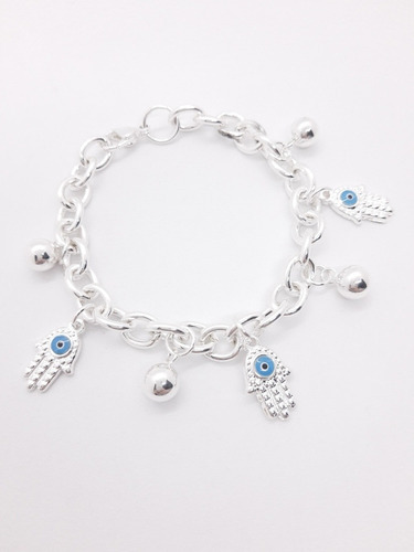 Pulsera Multidijes Acero Blanco Ionizado Plata Ojo Turco 