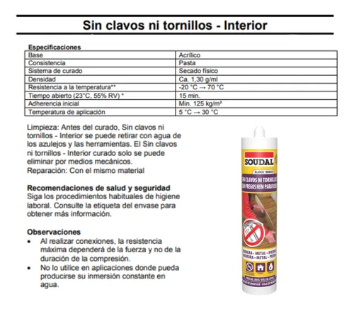 Adhesivo No Más Clavos Ni Tornillos Soudal 280ml