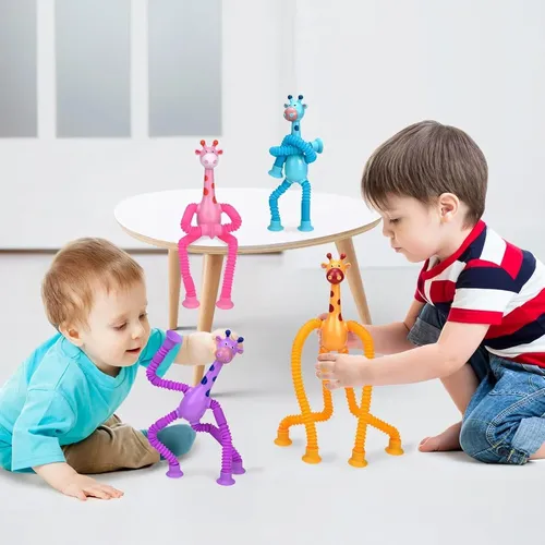 Set De 4 Juguetes Sensoriales De Jirafa Telescópica Con Ventosa – Colores Rosa, Azul, Morado Y Amarillo, Material ABS Seguro, Se Estiran Y Giran – Ideal Para Aliviar El Estrés En Niños Y Adultos