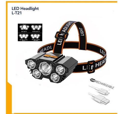 Linterna Led Minero Frontal 5 Led Impermeable Recargable Usb