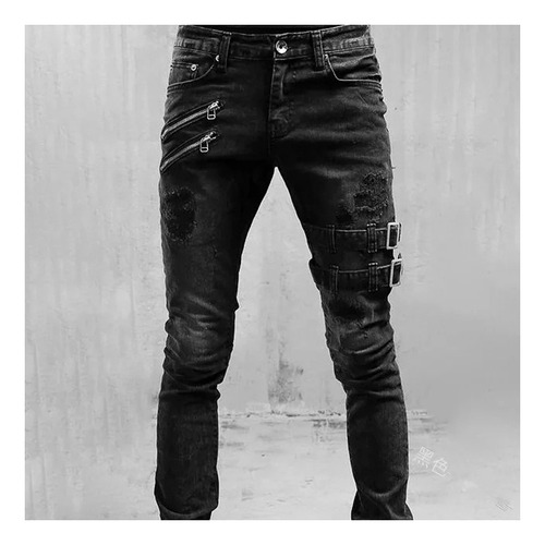 Pantalones Hombre Mezclilla Jeans Slim-fit Liso De Motorista