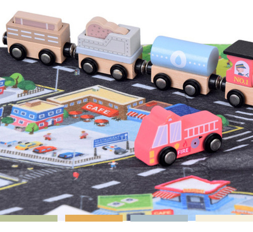 Set Autos De Juguete Tren Pista Y Señaleticas Madera Bandú Multicolor