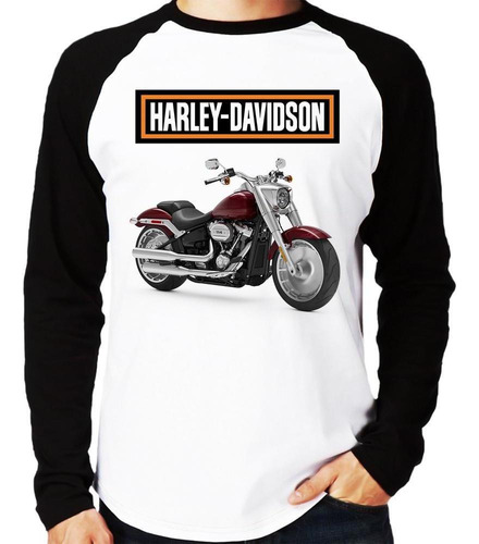 Camiseta Raglan Moto Harley Davidson Softail Fat Boy Vermelh