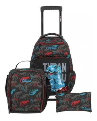 Xtrem - Set Escolar Black Dino 3 Piezas (mochila De Carrito, Lonchera, Lapicera)