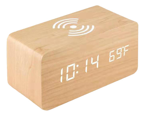 Reloj Despertador Digital De Madera Led Carga Inalámbrica 10