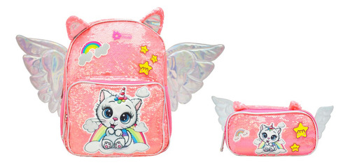 Mochila Y Lapicera Gato Unicornio Con Alas Lentejuela Rosa Primaria Lluvia Diseño De La Tela Lentejuela, Estampado