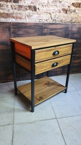 Imagen 2 de 6 de Mesa De Luz Industrial Con 2 Cajones Madera Maciza Hierro