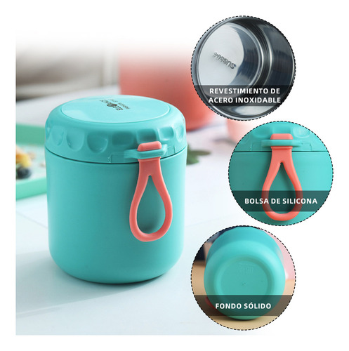 Doremama 2pz Termo De Acero Inoxidable Exterior Portátil + 4 Cucharas, Acero Inoxidable Con Botella Aislada Para Alimentos Calientes Rosa Y Verde
