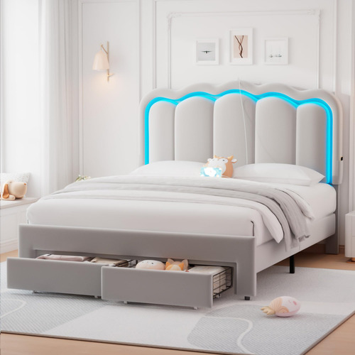 Base De Cama Matrimonial Led Tapizada Con 2 Cajones Y Cabece