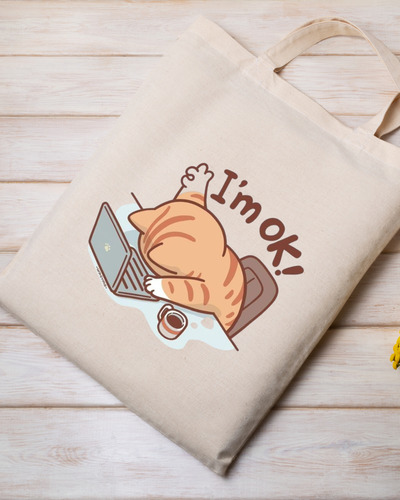Tote Bag Tela - Estampado De Gato I'm Ok - 40x35cm Beige Gato Ok
