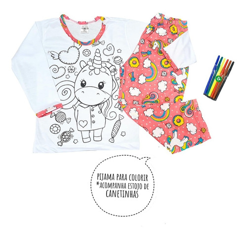 Pijama Infantil Manga Longa Inverno Colorir Menina Calça