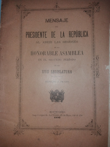 Mensaje Del Presidente Herrera Y Obes A La Asamblea En 1892