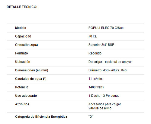 Imagen 3 de 6 de Termotanque Electrico Ecotermo Populi 70 Litros Superior