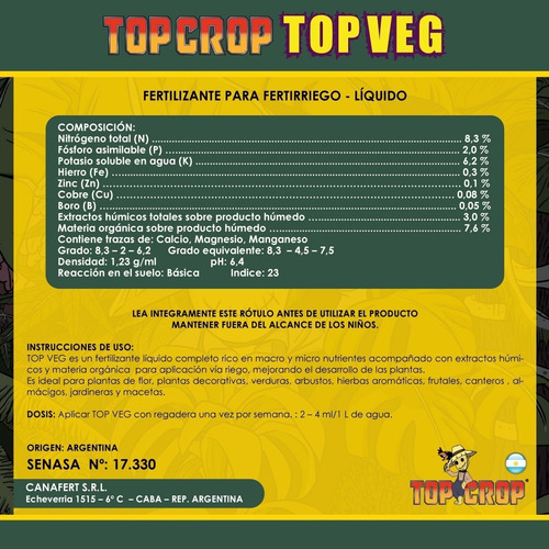 Imagen 2 de 10 de Top Crop Top Veg 1 Litro Fertilizante De Crecimiento