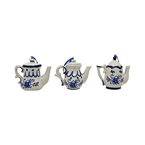 Juego De 3 Adornos De Tetera Azul Delft De Porcelana Na...