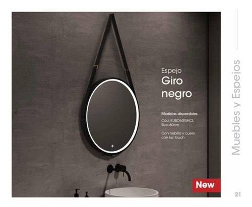 Kubo Espejo Giro Negro 60cm Hebilla Cuero Táctil Luz