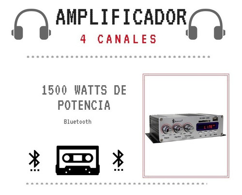 Imagen 4 de 10 de Amplificador 1500w Usb Sd Y Fm 4 Canales Control Remoto Blue