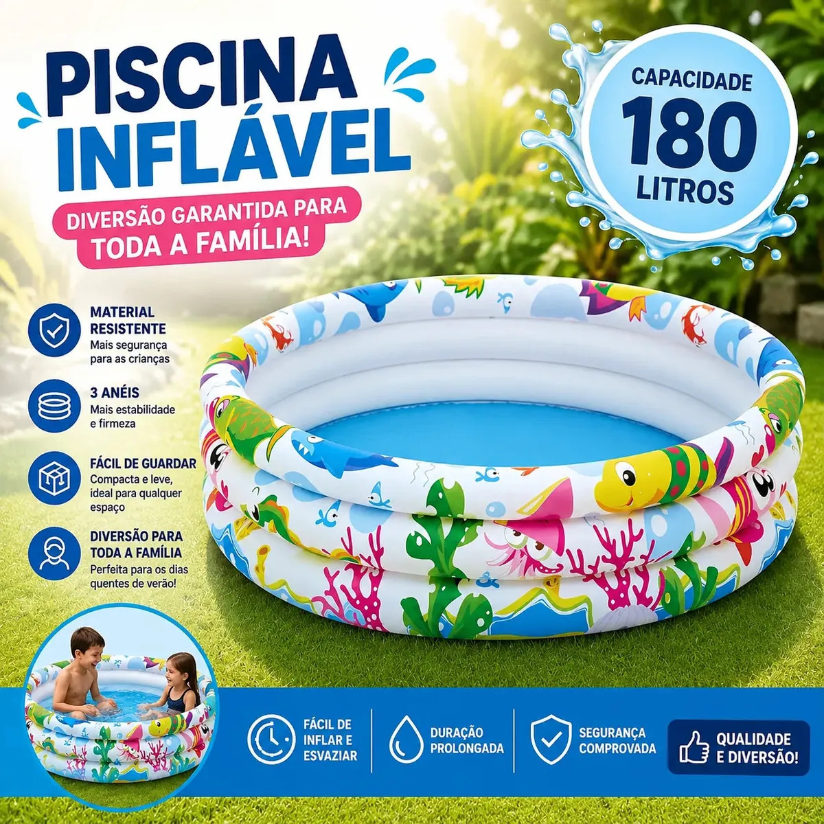 Piscina Inflável Redonda 180 Litros 3 Aneis Fundo Do Mar Criança Infantil Wemov
